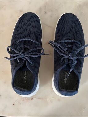 allbirds Navy Knit Lace-Up Trainer with White Insole Label